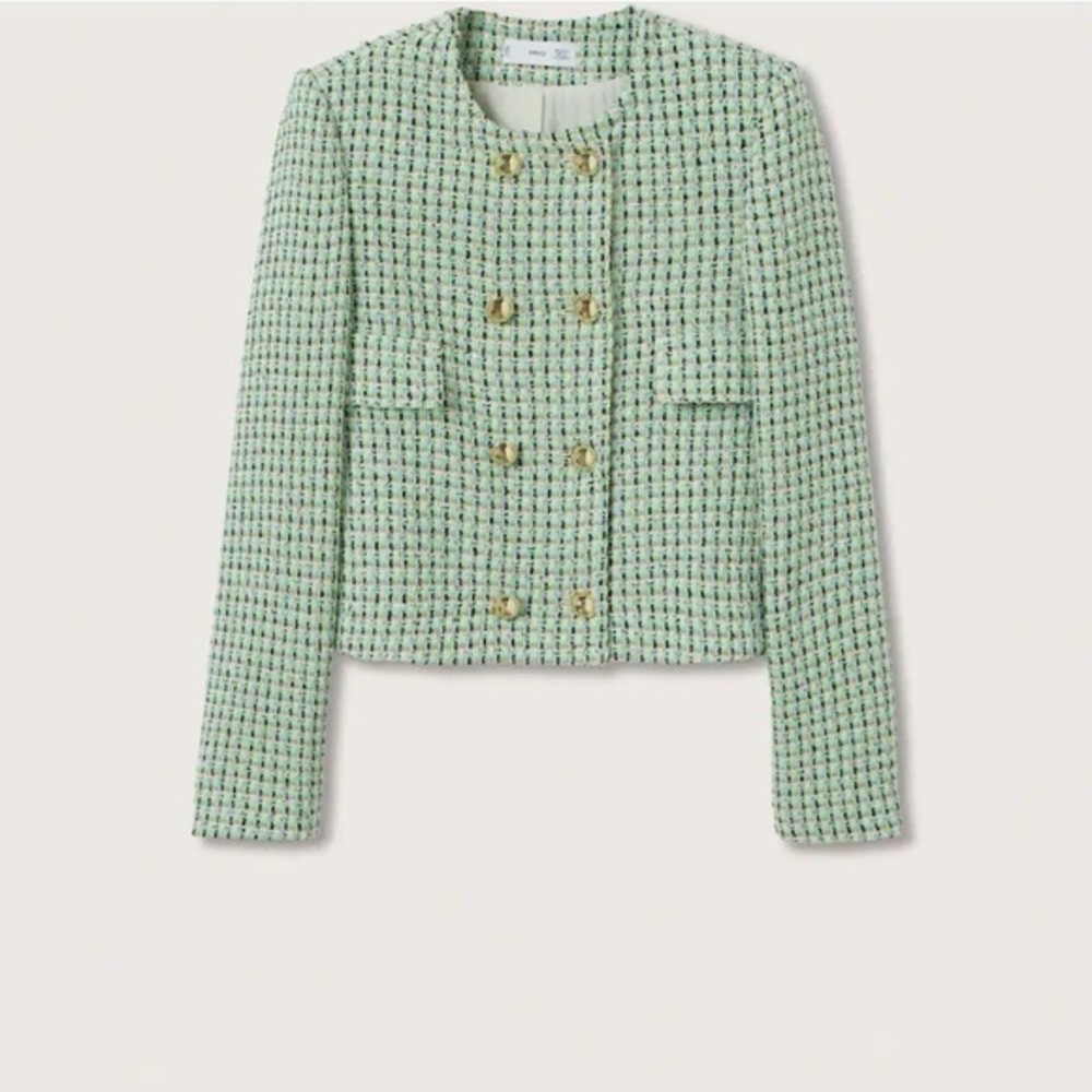 Mango Double Breasted Women's Green Tweed Jacket
